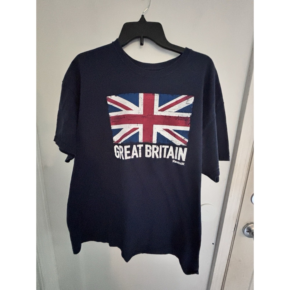 Reebok XL Navy Tee Great Britain Distressed British Flag 100% Cotton 48x27